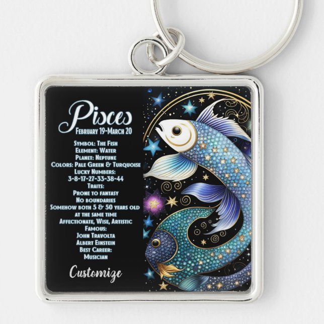 Personlig Jewel Galaxy Zodiac Pisces Fyrkantig Silverfärgad Nyckelring (Framsidan)