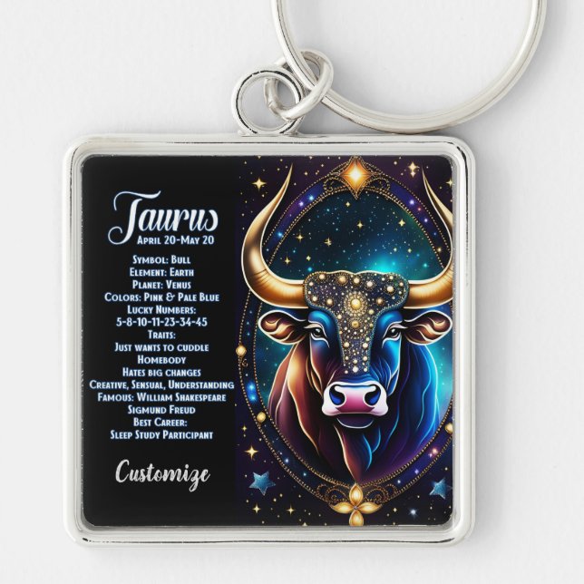 Personlig Jewel Galaxy Zodiac Taurus Fyrkantig Silverfärgad Nyckelring (Framsidan)