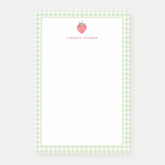 Personlig jordgubbsgrön gingham-kant post-it block (Framsida)