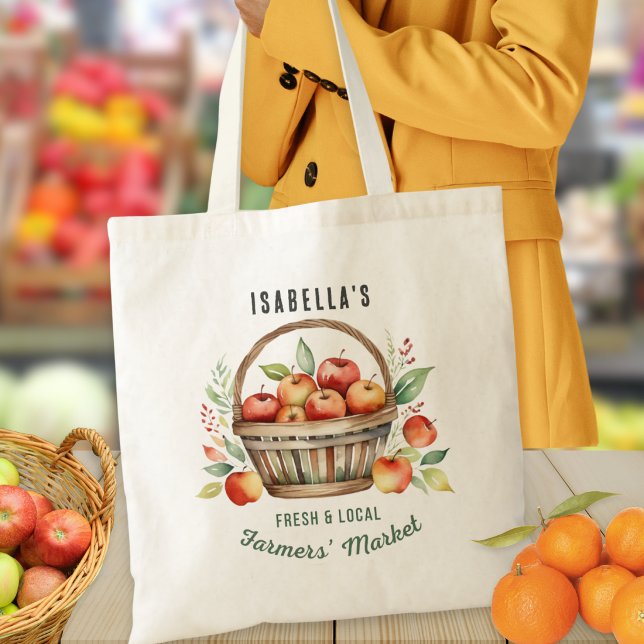 Personlig Jordgubbsmarknad Rustik Äppelkorg Tygkasse (A personalized tote bag with Farmers' Market theme, with illustration of a basket of apples)