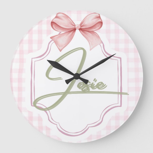 Personlig Josie Flicka Nursery Bow&Gingham Stor Klocka (Framsida)