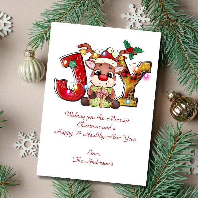 Personlig Joy Reindeer jul-Helgdag kort (Joy with Reindeer Personalized Christmas Card. Add your wording. Printed or Digital instant download)