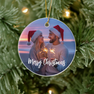 Personlig jul 2025 med foto och text - skräddarsyd julgransprydnad keramik