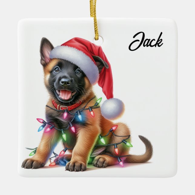Personlig jul Belgian Malinois-valp Julgransprydnad Keramik (Framsida)
