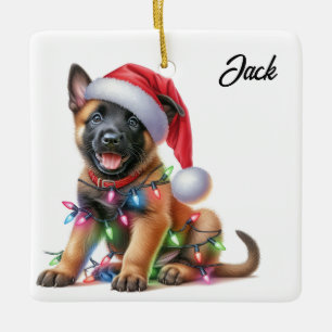 Personlig jul belgisk malinois-valp julgransprydnad keramik