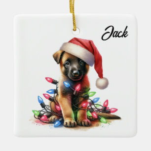Personlig jul belgisk malinois-valp julgransprydnad keramik
