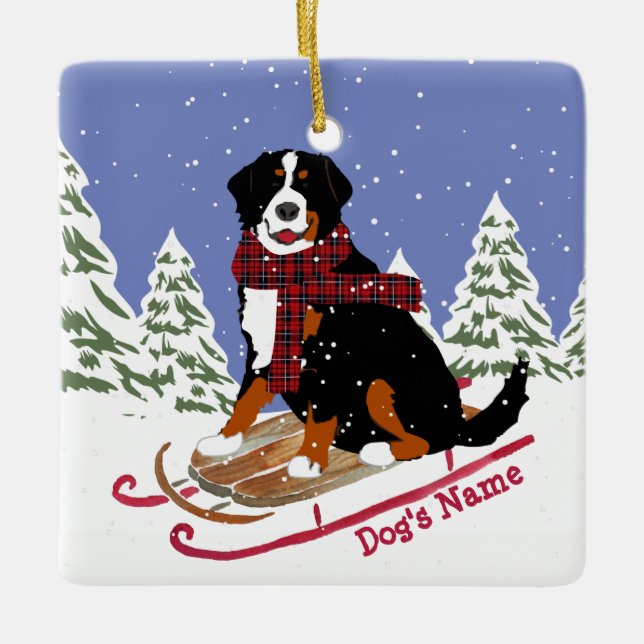 Personlig jul Bernese Mt Hund Sledding Julgransprydnad Keramik (Framsida)