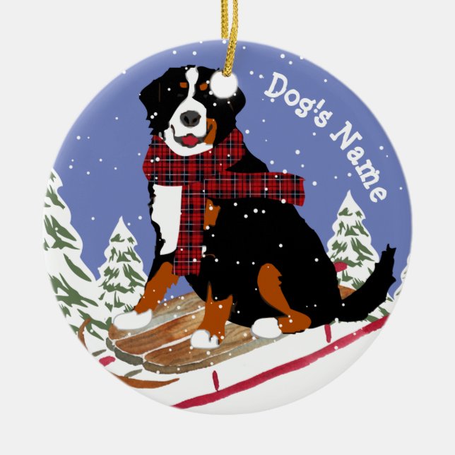 Personlig jul Bernese Mt Hund Sledding Julgransprydnad Keramik (Framsidan)
