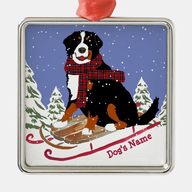 Personlig jul Bernese Mt Hund Sledding Julgransprydnad Metall (Framsidan)