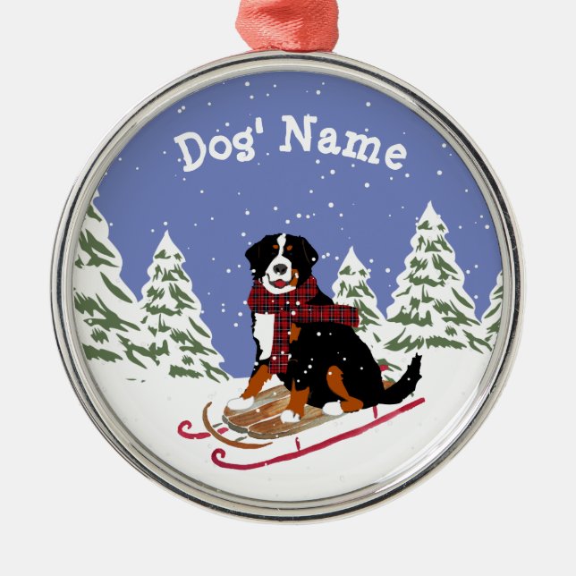 Personlig jul Bernese Mt Hund Sledding Julgransprydnad Metall (Framsidan)