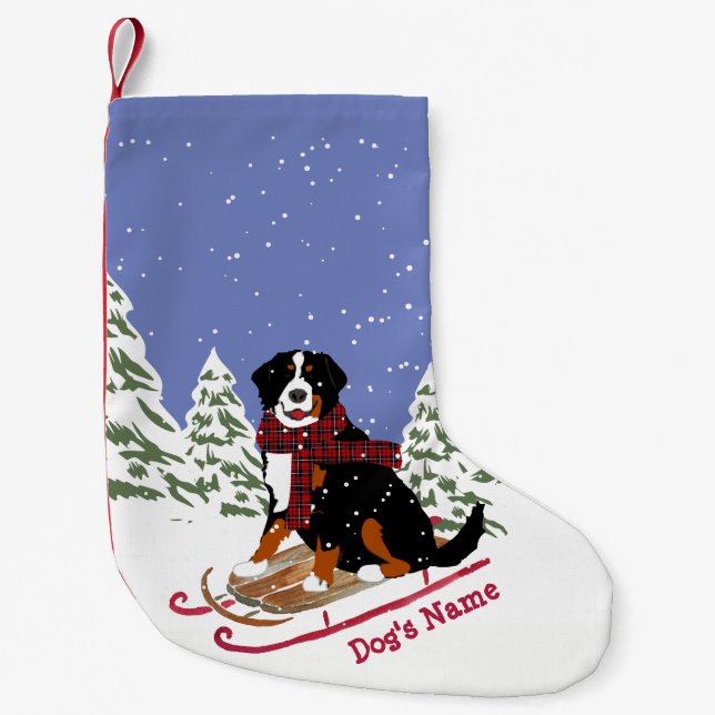 Personlig jul Bernese Mt Hund Sledding Liten Julstrumpa (Framsidan)