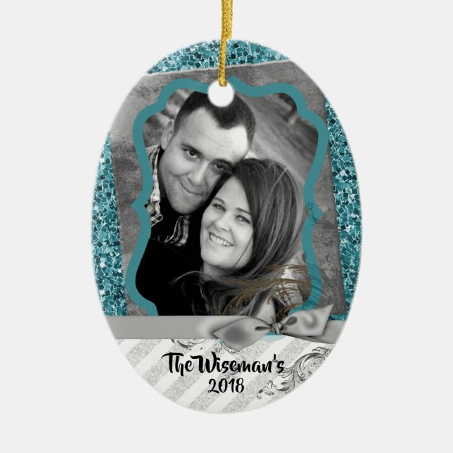 Personlig jul Blue Glitter PHOTO Ornament (Framsidan)