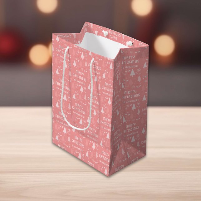 Personlig jul Familjenamn Rosaröd (Personalized Christmas Family Name Blush Pink Medium Gift Bag)