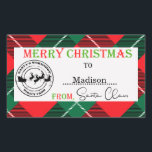 Personlig Jul från Jultomten Rektangulärt Klistermärke<br><div class="desc">Personlig jul från Jultomten-rektangulära fästningar. Röd och grönt tartan mönster med God jul från Jultomten. Se till att alla julklappar blir klara.</div>