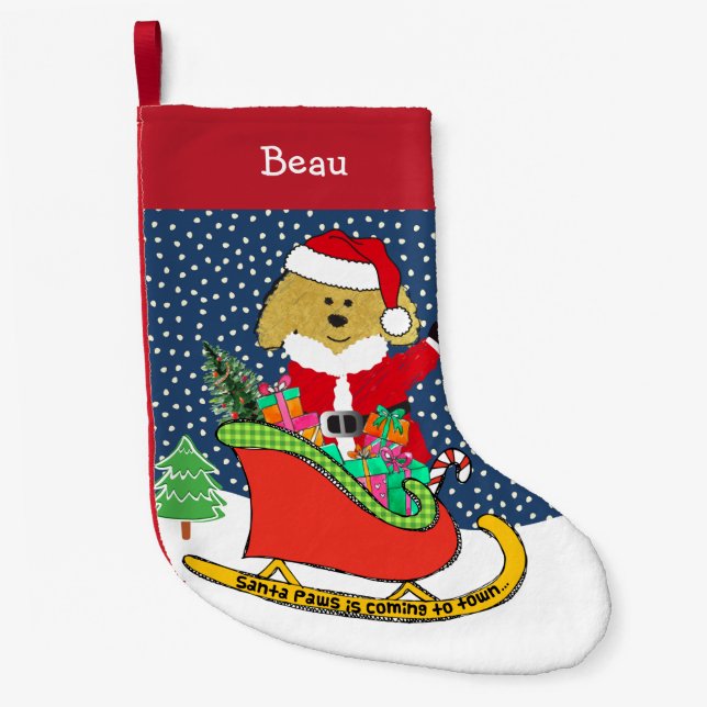 Personlig: Jul GoldenDoodle Santa Sleigh Liten Julstrumpa (Framsidan)