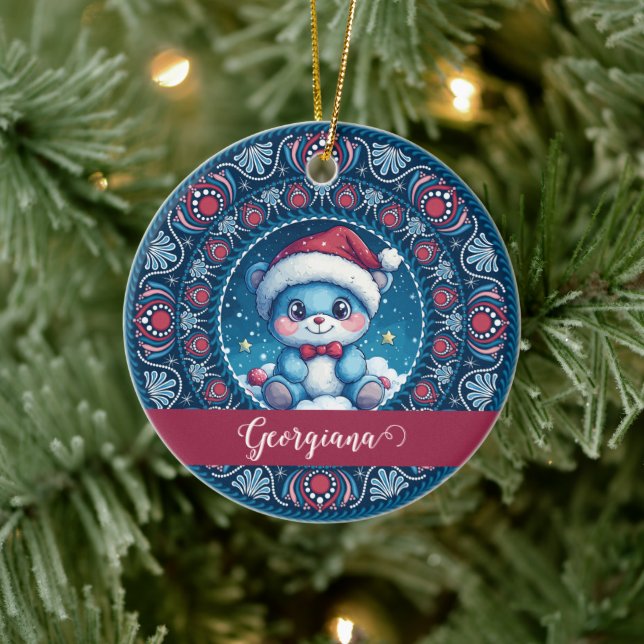 Personlig Jul Kawaii Bear Dot Mandala Julgransprydnad Keramik (Träd)