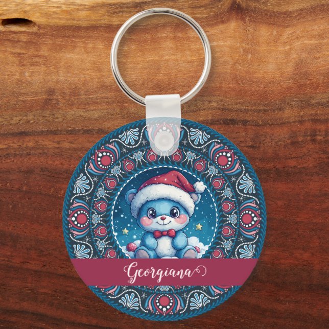 Personlig Jul Kawaii Bear Dot Mandala Nyckelring (Framsida)