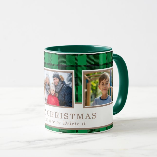 Personlig jul med familj 3 foto grön rutarad krist mugg (Framsida höger)