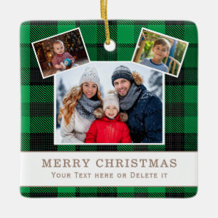 Personlig jul med familj 3 foto grön rutmönster julgransprydnad keramik