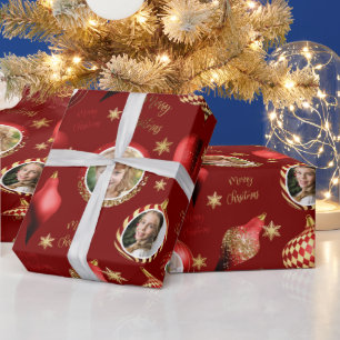 Personlig jul med foto i rött och guld presentpapper