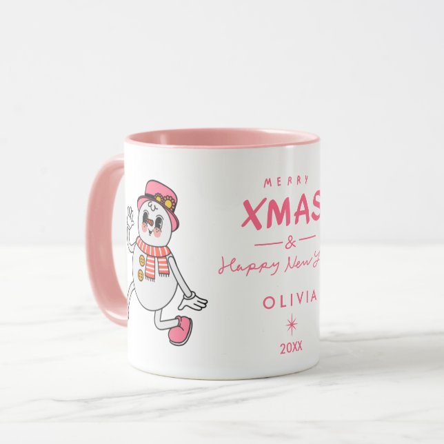Personlig jul Mugg | Cute Rosa Snögubbe (Framsida vänster)