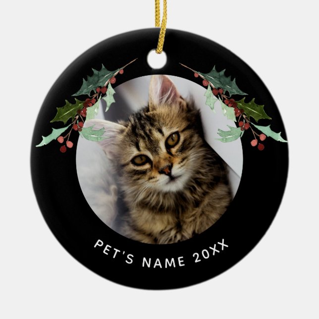 Personlig Jul Pet Photo Holly på Black Julgransprydnad Keramik (Framsidan)