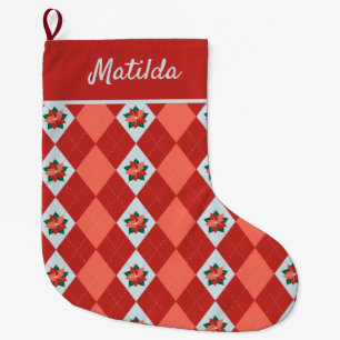 Personlig jul Poinsettia Argyle Stor Julstrumpa