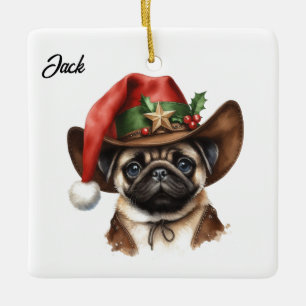 Personlig Jul Pug med Cowboy Santa Hat Julgransprydnad Keramik