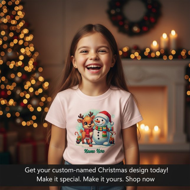 Personlig jul  t shirt (Cute Reindeer and Snowman Kids T-Shirt | Personalized Christmas Tee)