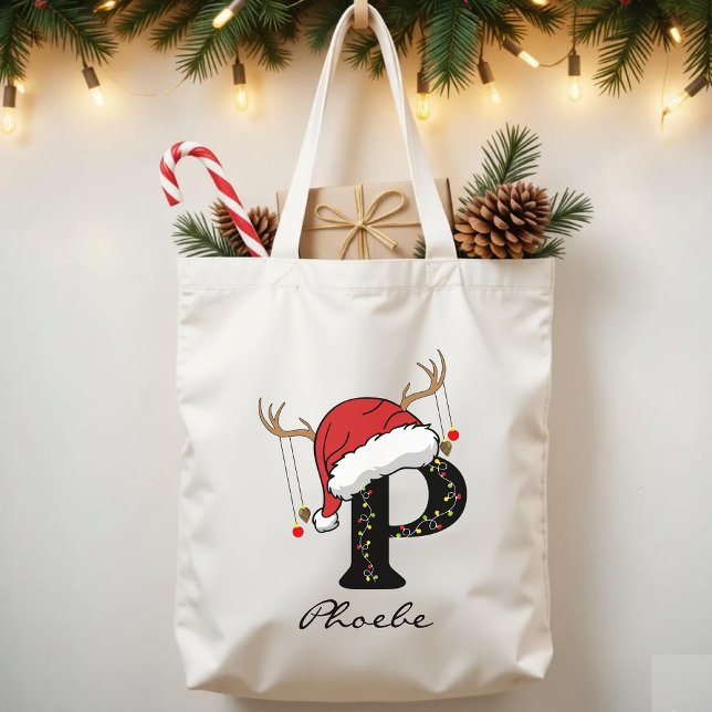Personlig jul tomte monogram handväsk för honom tygkasse (festive monogram tote, Santa holiday bag, personalized family gift, Christmas bulk gifts,)