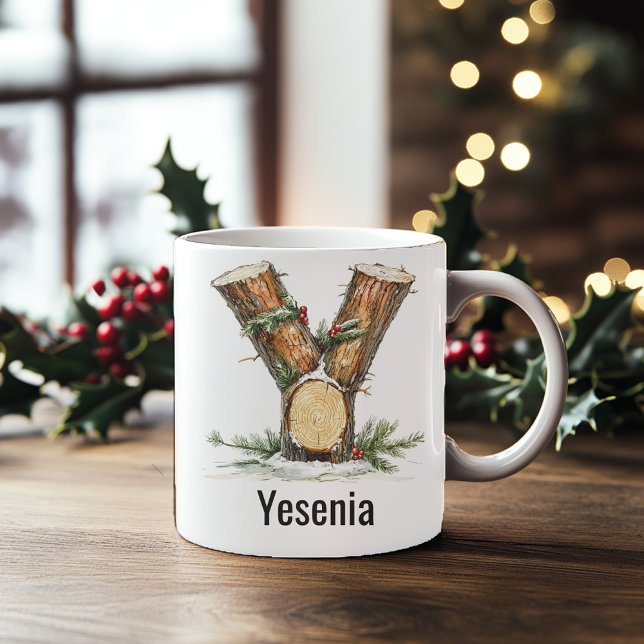 Personlig jul Y i trädlund Kaffemugg (Personalized Woodland Log Monogram Y Christmas Coffee Mug)