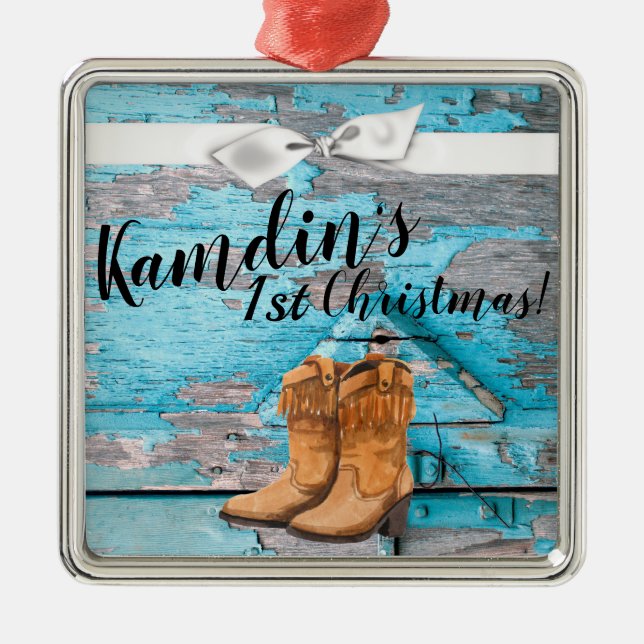 Personlig JULAFTON Ornament Blue Wood Barn Door Bo (Framsidan)