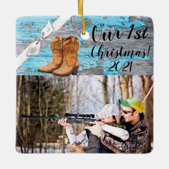 Personlig JULAFTON Ornament Blue Wood Barn Door Bo (Framsida)