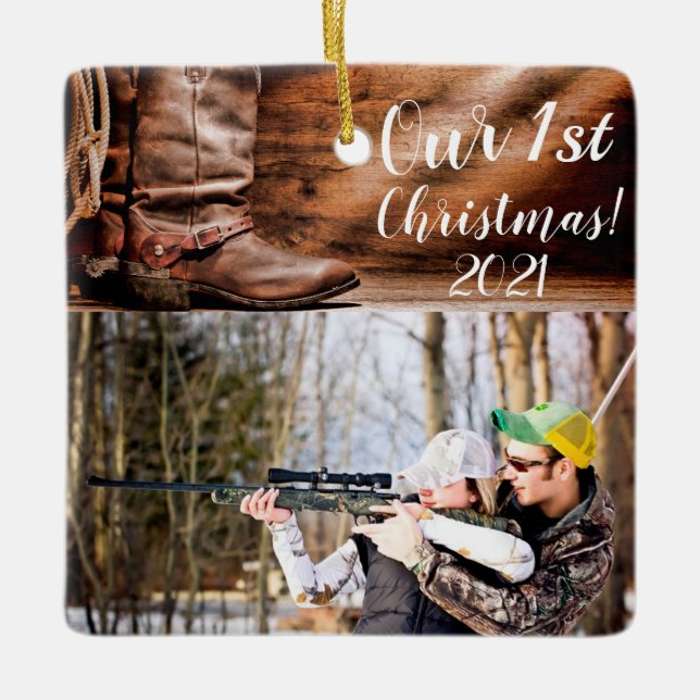 Personlig JULAFTON Ornament Cowboy Boots Barn Wood (Framsida)