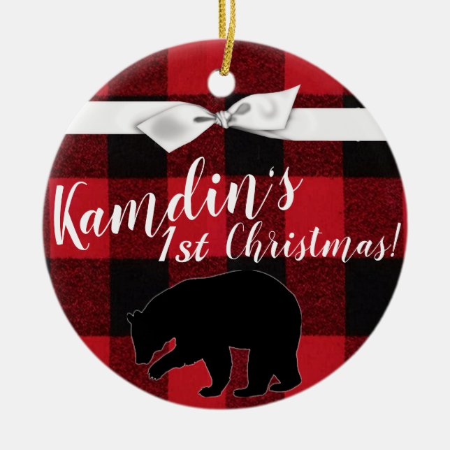 Personlig JULAFTON Ornament Red Buffalo Play Bear (Framsidan)