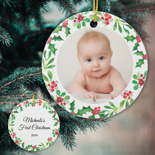 Personlig julbild för baby på första julen julgransprydnad keramik