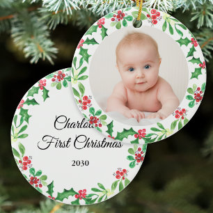 Personlig julbild för baby på första julen julgransprydnad keramik