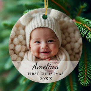 Personlig julbild för bebisens första jul julgransprydnad keramik