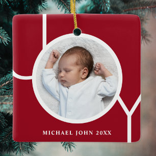 Personlig julbild på bebis i rött julgransprydnad keramik