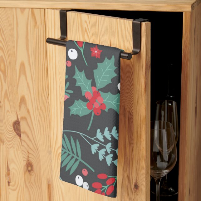 Personlig julblommamönster familjenamn kökshandduk (Thirds Fold)