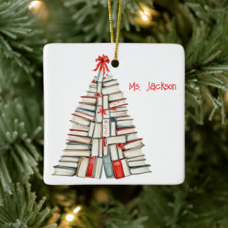 Personlig julboksträd-lärare/bibliotekarie julgransprydnad keramik