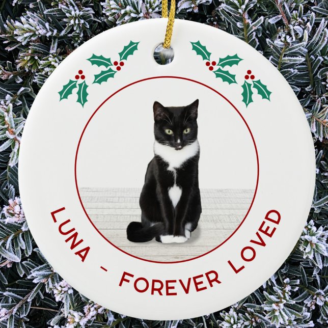 Personlig julfoto med minnesmärke över huskatten julgransprydnad keramik (Personalized name text pet cat memorial photo Christmas ornament)
