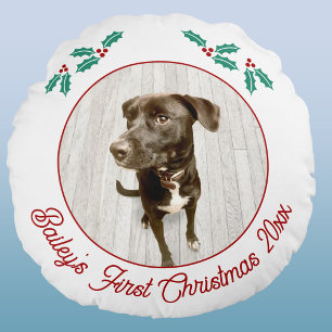 Personlig julfoto på husdjur valp hund rund kudde