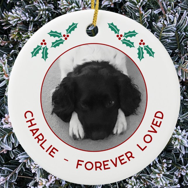 Personlig julfoto på minnesmärke för husdjur hund julgransprydnad keramik (Pet dog photo memorial custom name text Christmas ornament)