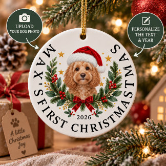 Personlig julfotografi av hund med tomtehatt julgransprydnad keramik