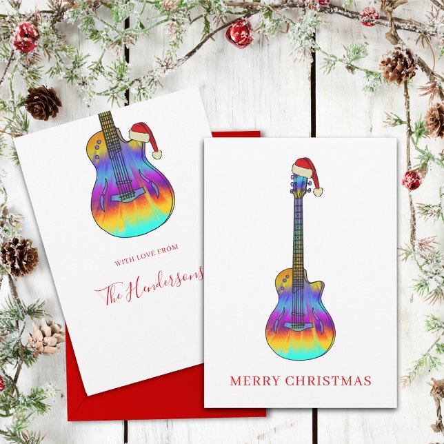 Personlig julgitarr cool Psykedelisk Julkort (Colorful Christmas guitar personalized holiday card For guitarists musicians and music lovers)