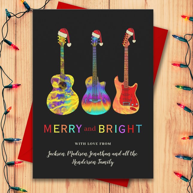 Personlig julgitarr Glad och ljus Julkort (Rock and roll Christmas guitars wearing Santa hats merry and bright budget holiday greetings card)