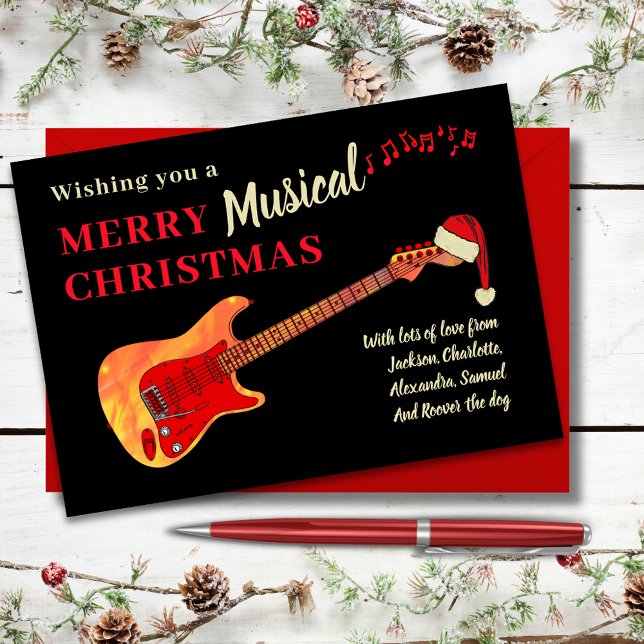 Personlig julgitarr julkort (Merry musical christmas red and black cool electric fire guitar themed holiday card)