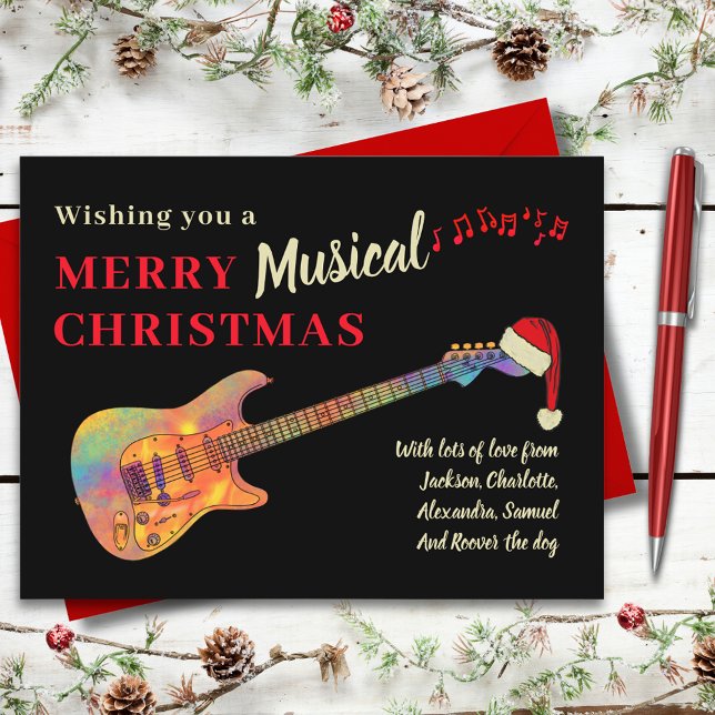 Personlig julgitarr Retro Groovy Helg Vykort (Rock and roll Christmas funky guitar wearing a Santa hat custom holiday greetings card guitarist )