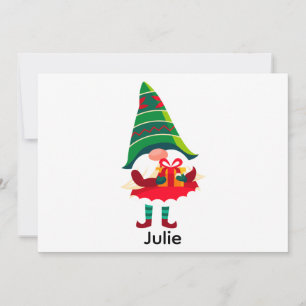 Personlig julgnom som håller en presentlåda julkort